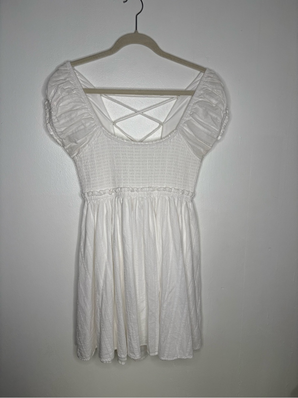 Altr’d State White Smocked Puff Sleeve Mini Cotton Babydoll Dress L